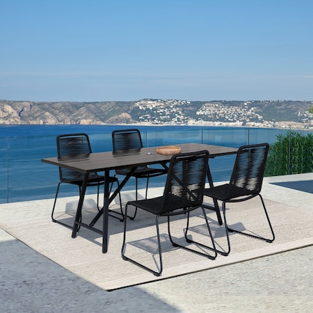 Armen Living Koala and Shasta 5 Piece Dining Set in Dark Eucalyptus and Metal with Black Rope 840254332362